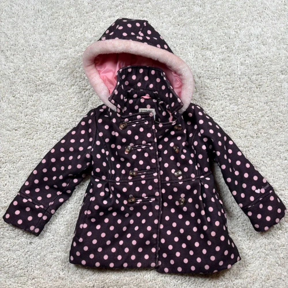 OshKosh B'gosh Girls Size 5 Polka‎ Dot Hooded Fleece Coat Jacket Pink Brown